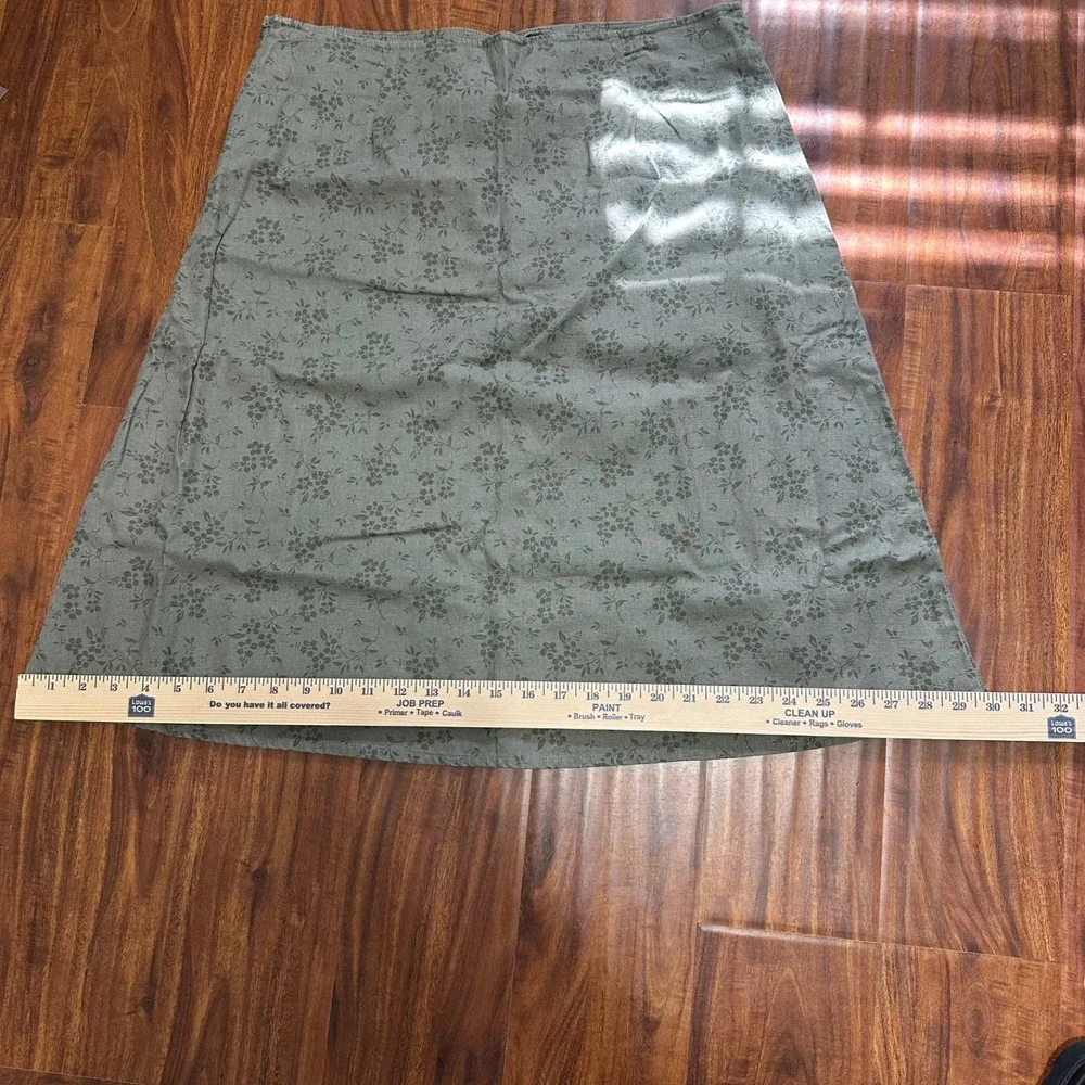 Eddie Bauer Linen‎ Blend Floral Midi Skirt Cottagecore Olive Green A-Line Womens
